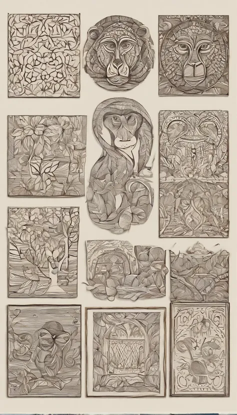 Wood-burned, etched artwork. Can also make interesting wooden detailed objects: A Monkeys. 4 panels with different poses