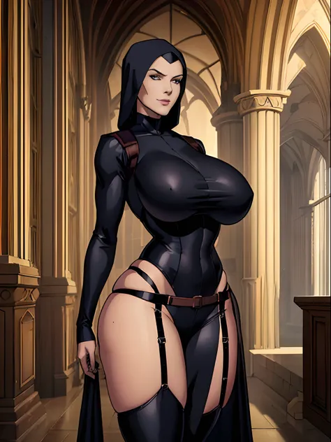 (masterpiece, top quality, best quality, official art, beautiful and aesthetic:1.2), (1girl:1.3), light freckles, fair skin, extremely detailed, portrait, looking at viewer, solo, (full body:0.6), detailed background, close up, (dark gothic theme:1.1), nun...