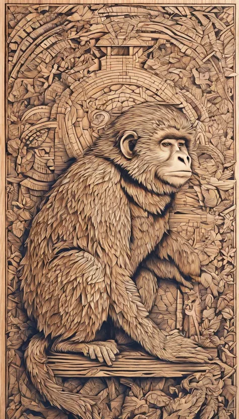 Wood-burned, etched artwork. Can also make interesting wooden detailed objects: A Monkeys. 4 panels with different poses