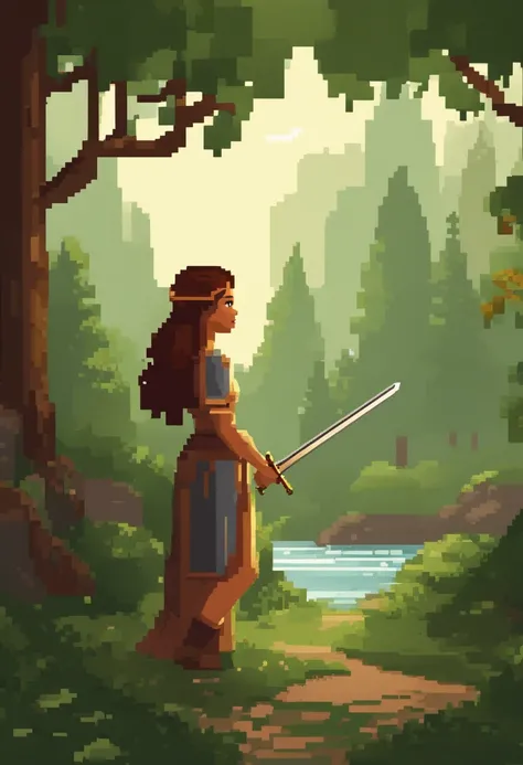 Pixel art de uma jovem mulher ruiva em uma floresta de costas de longe, bela arte detalhada do pixel, Pixel Art detalhado, Lo-fidel retro video games, Pixel Art Conceitual, arte detalhada do pixel, estilo Pixel Art, pixel art animation, Pixel Art de alta q...