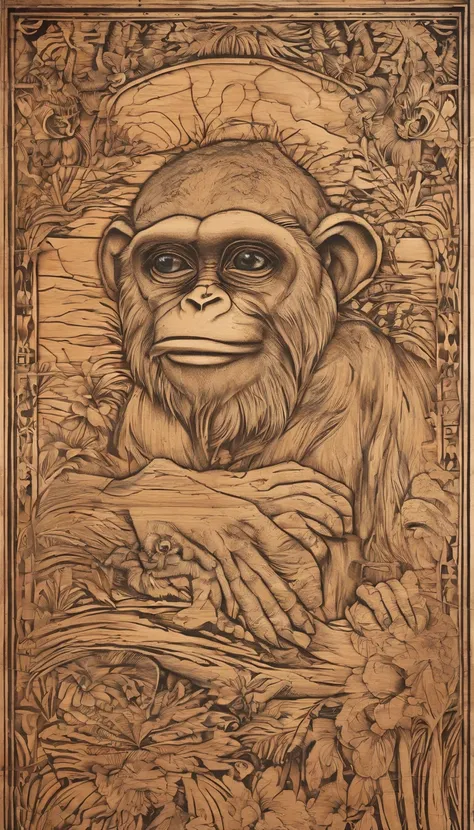 Wood-burned, etched artwork. Can also make interesting wooden detailed objects: A Monkeys. 4 panels with different poses