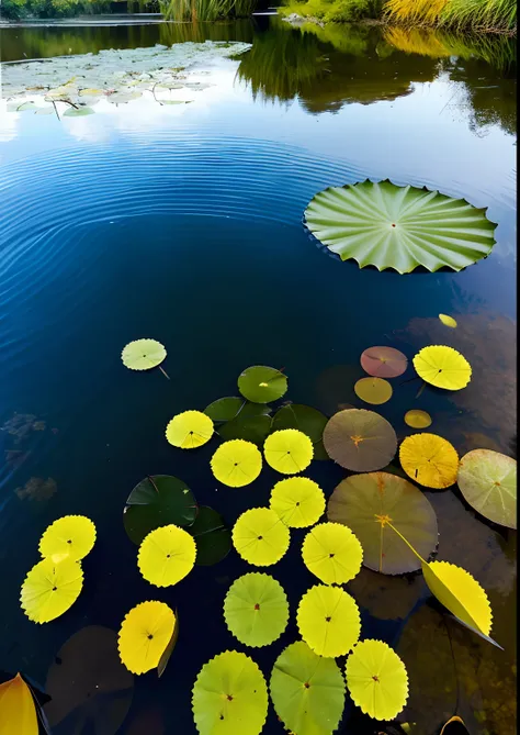 "A realistic, high-quality photo of the pond in autumn is cold and clear, A tiny fishing boat is lonely here, The blue waves ripple with the breeze, The yellow leaves will fly with ease, The clouds are floating in the sky, The bamboo path is quiet and shy,...