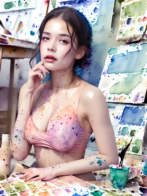 (watercolor paiting:1.8)Young Sensual Gravure Idol、beautiful girls face、Young cute gravure idol、奈良美智、Young Gravure Idol、If々Japan Girl、Close up of Rain Iwakura、Pull Shorthair、Photos taken with Sony A7R,undergarment:1.3,(huge-breasted:1.1),((Top image qualit...