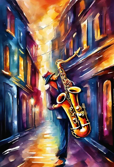 3d watercolor abstract,dark background, saxophone in the street of a deserted night lit city