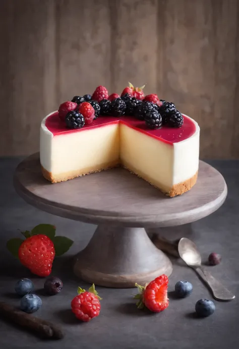 Delicious Cheese Cake, lava berry, indoor, cafe background, wooden vintage, vibrant color, ornament, creamy, pastel color, slice of cake