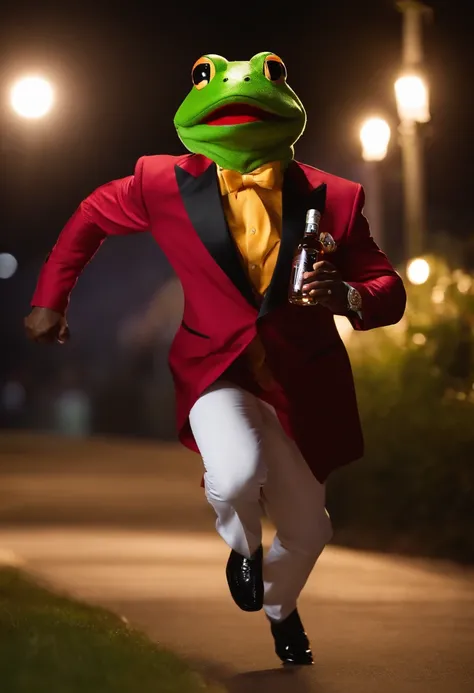 Steve Harvey running, holding a bottle of Hennessey, at night, shaky camera with flash, steve harvey is in a frog costume