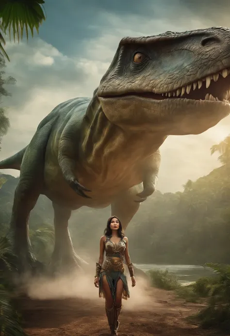 Beautifull Asian woman pose with dinosaur wearing futuristic suit landing from a UFO ship in the sky ,front side, embarking on a treasure-hunting expedition in a prehistoric jungle, wide angel view,smooth, epic composition, hyperrealism,