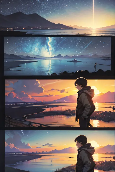 comic strip，Cartoon Split，Exceptional，Storyboard，Masterpiece, Anime college student standing by the sea, Bright starry sky. romantic couple, Makoto Shinkais picture, Pisif, concept-art, Lofi art style, Reflection. By Makoto Shinkai, Lofi art, beautiful ani...