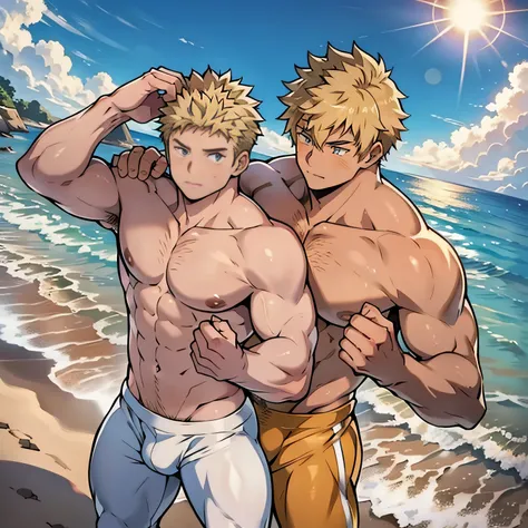 ((Anime style art)), Extremely muscular two male characters, Roman ethnicity, 2 boys, Pale skin, short wavy hair, blonde hair, Sapphire blue eyes, bodybuilder body, Shirtless, Topless, (((SHIRTLESS))) Hands raised at neck level, (((Hands raised at neck lev...