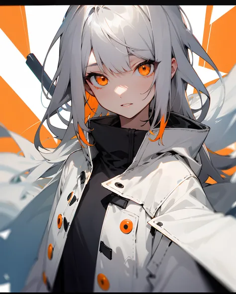 Gray hair color Right eye is hidden by bangs Orange eye color White coat Left hair stretched out Looking proudly at me