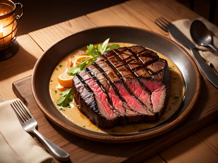 an amazing photo of delicious juicy Steak,
food photography, steaming, wooden table
with natural deco and fabric, garnish on the
table, 8k resolution, Michelin art kitchen
style, Close-up, from above, chiaroscuro,
cinematic lighting --q2