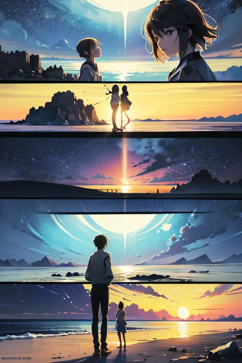 comic strip，cartoon split，exceptional，storyboard，masterpiece, anime college student standing by the sea, bright starry sky. roma...