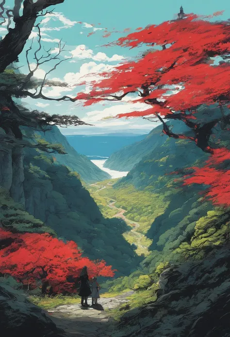 uma menina de costas de cabelos vermelhos, Battle Clothes Standing On, View of the entire elven kingdom in the middle of the dense forest, proportion Aurea, Detalhe falso, trending pixiv fanbox, acrylic palette knife, estilo de makoto shinkai studio ghibli...