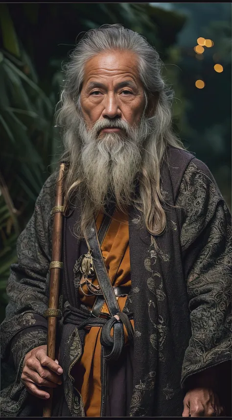 an old man，wearing a monk's robe，face to the camera，the expression is kind