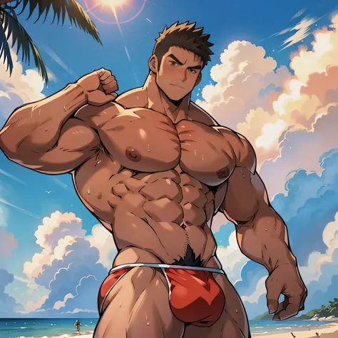 ((Anime style art)), Extremely muscular male character, bodybuilder body, Shirtless, Topless, (((SHIRTLESS))) Hands raised at neck level, (((Hands raised at neck level))), wears a small string thong that reveals huge, muscular thighs, bulge in the crotch, ...