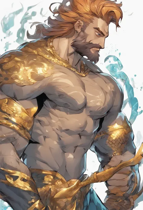 concept art; female mermaid character; sexy body, sexy bikini, medium ginger hair; pale skin; beardstache; simple; standing pose; simple dark background; artstation; riot games style; massive biceps; massive pecs; blue eyes; perfect and realistic eyes; hai...