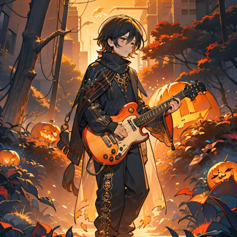 A boy in a black sweater holding a guitar with his left hand and a carved pumpkin lit up with his right, traje fantasma, Jack-o-lanterna, sozinho, dia das bruxas 8k terror , banda Misfits