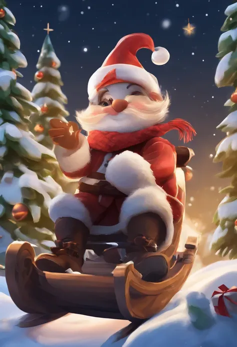 Cartoon game style pirate sitting on sledding，Pirates fly in the sky on sleds，Look up at the perspective，The composition has an impactful backdrop of Christmas night，There are some Christmas trees，Cute flat game in style，The color scheme is lively/Users/ch...