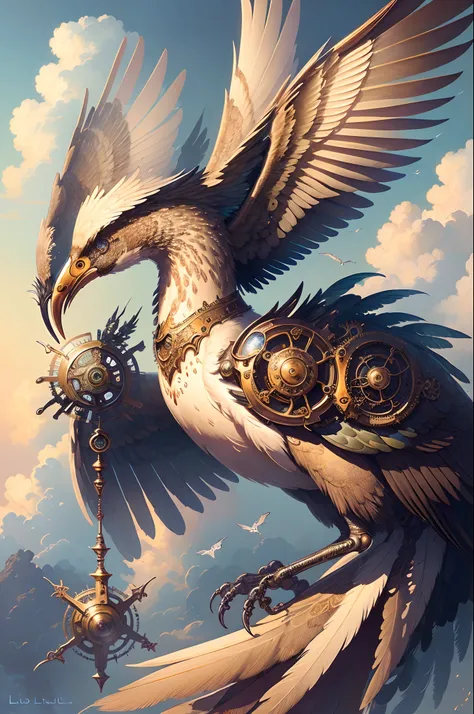 ((Need)), ((tmasterpiece)), (A detailed),Mechanical birds，The bird，Details inhabit the clouds, (fantasy illustrations:1.3),Delicate wings, otherworldly charm,gear wheel， (Luis Royo:1.2), (Yoshitaka Amano:1.1),