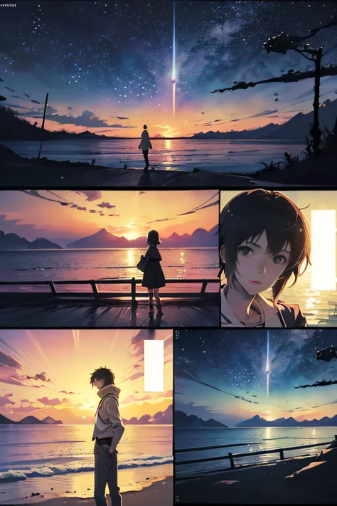 comic strip，cartoon split，exceptional，storyboard，masterpiece, anime college student standing by the sea, bright starry sky. roma...