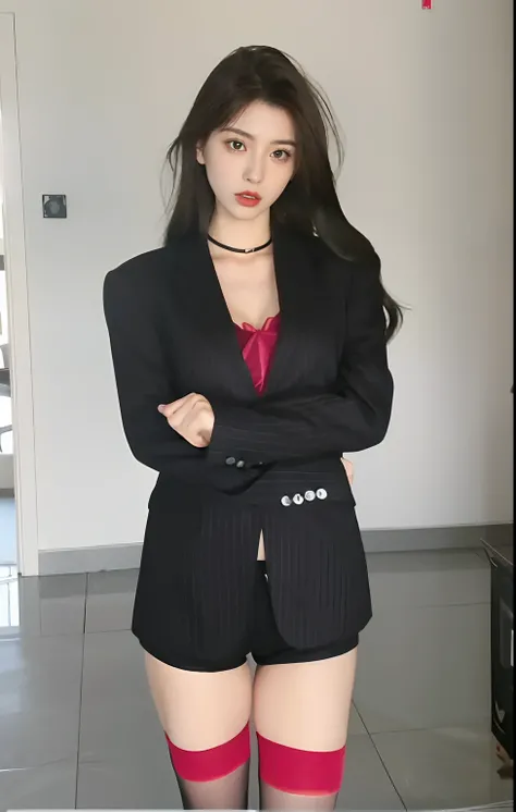 Arad woman posing for photo in suit and red stockings, Girl in suit, wearing fashion suit, wearing a black noble suit, girl in a suit, generous cleavage open jacket, cruel korean goth girl, wearing black suits, wearing a black and red suit, wearing black s...