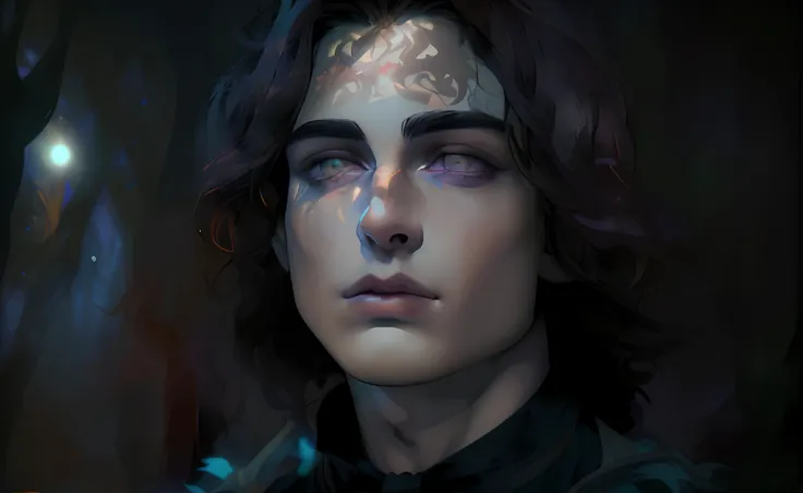 fantasy, medieval dark forest, Young Man, dark colored hair, amber eyes, light skin, graceful facial features, silk shirt, Jewelry around the neck with gems, Looks a bit like Timothée Chalamet, magic, Summon shadow, shadow mage