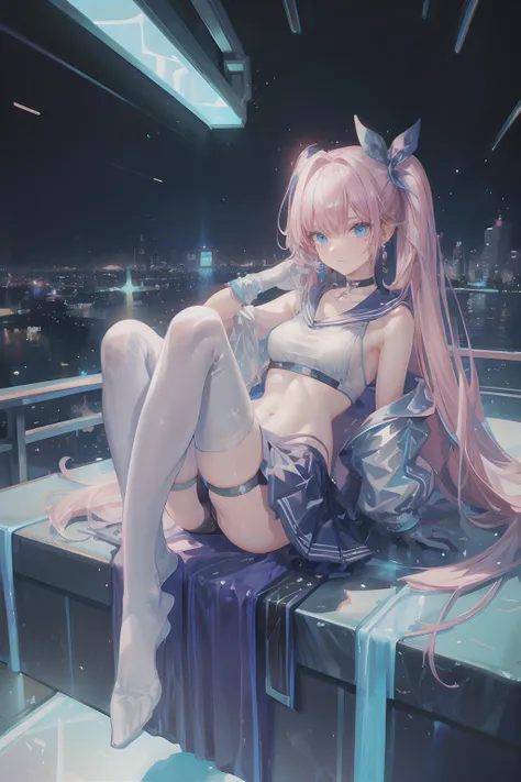 Masterpiece, Best quality, Night, stars, Cityscape, gaming console_CG, Real, Cityscape, Huge_filesize, Girl, Long hair, Pink hair, view the viewer, aqua eyes, Blue eyes, Small breasts, buruma, Black sports bra , Sailor dress, white thighhighs, Earrings, ha...