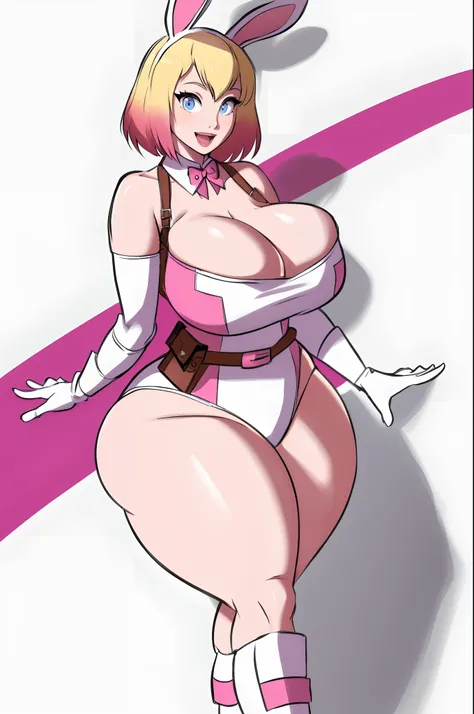 gwenpool, 1girl, blonde hair, multicolored hair, solo, blue eyes, pouch, smile, mask, superhero, short hair, gradient hair, open mouth, belt, white background, two-tone hair, pink hair, breasts, adapted costume, animification, gloves, belt pouch, looking a...