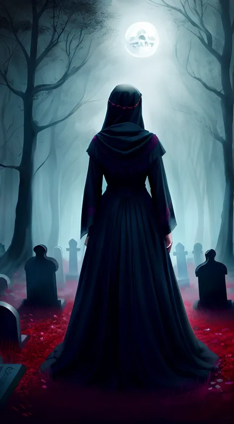 Mujer con un vestido largo de pie en un cementerio por la noche, Diosa de la muerte en un cementerio, Portada de novela para un libro, Mujer encapuchada, Ilustraciones de fondo, an ominous fantasy illustration, Vista trasera de la Parca, Mujer misteriosa, ...