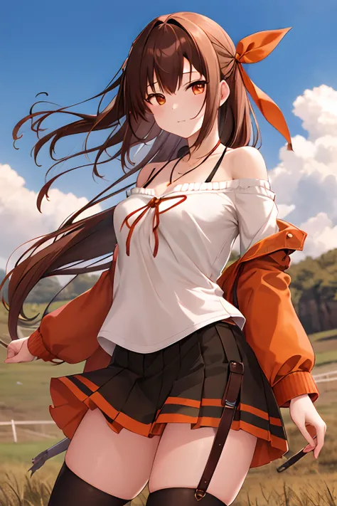 masutepiece, Best Quality, hight resolution, armory, cowboy  shot、Long hair, Brown hair, Orange Eyes,, Hair Ribbon, Off-shoulder beige,Miniskirt dark red、Black Knee High Socks、 Key Necklace,The wind is flowing from left to right