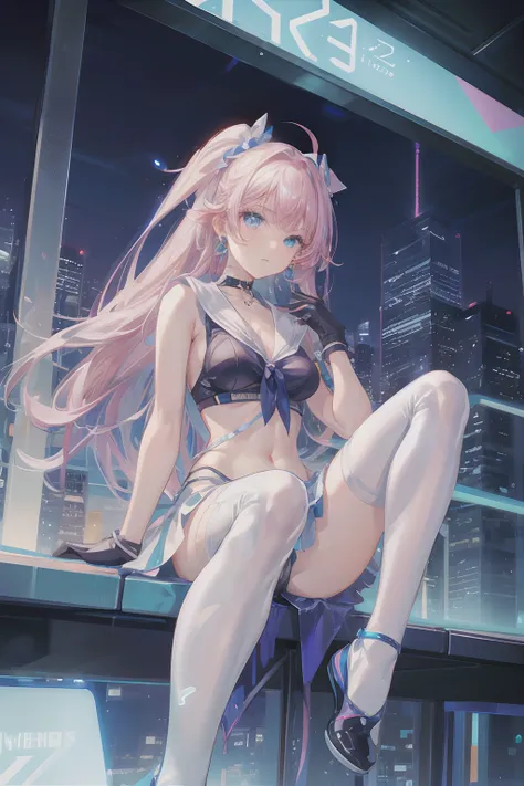 Masterpiece, Best quality, Night, stars, Cityscape, gaming console_CG, Real, Cityscape, Huge_filesize, Girl, Long hair, Pink hair, view the viewer, aqua eyes, Blue eyes, Small breasts, buruma, Black sports bra , Sailor dress, white thighhighs, Earrings, ha...