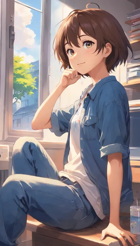 best qualtiy， tmasterpiece， 超高分辨率， realisticlying， 1 boy，（White inch），Heterochromic pupils，（ssmile）（Gaze on the cheeks），Messy shirts，denim pant，athletic sneakers，window，wide angles