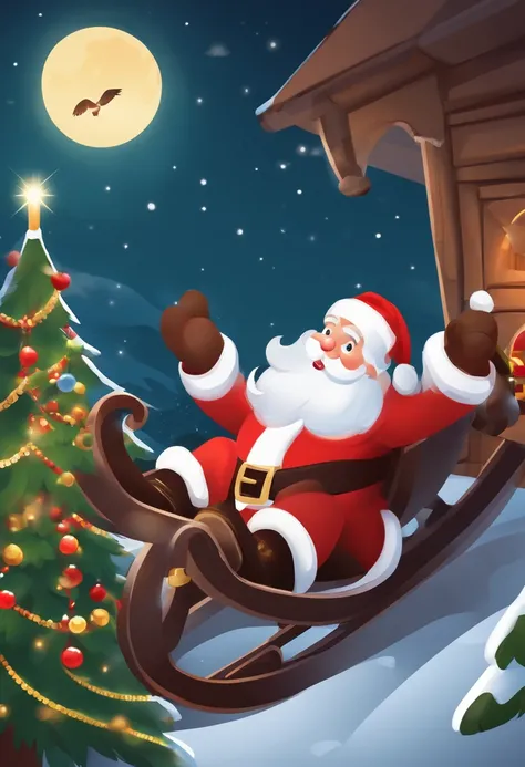 Cartoon game style pirates dressed as Santa Claus fly in the sky on a sleigh，Look up at the perspective，The composition is impactful，There is foreground occlusion，The background is Christmas night，There are some Christmas trees，Cute flat game in style，The ...