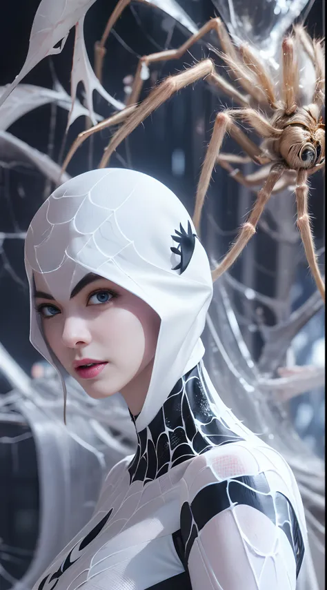 (White superhero theme, carismatic, hay una chica en la parte superior de la ciudad, vestida con el disfraz de Spider-Man, is a superhero), [ ((25-years old), (cabello largo y blanco: 1.2), cuerpo completo, (ojos azules: 1.2), ((poner el Spider-Man), show ...