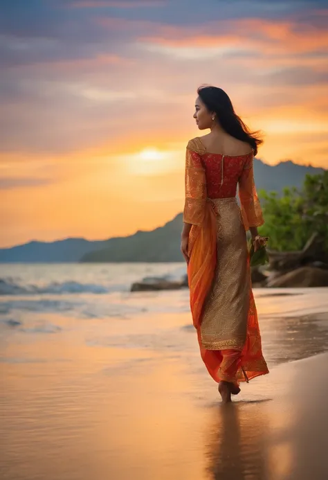 Beautiful Thai girl walking at the sea brightly