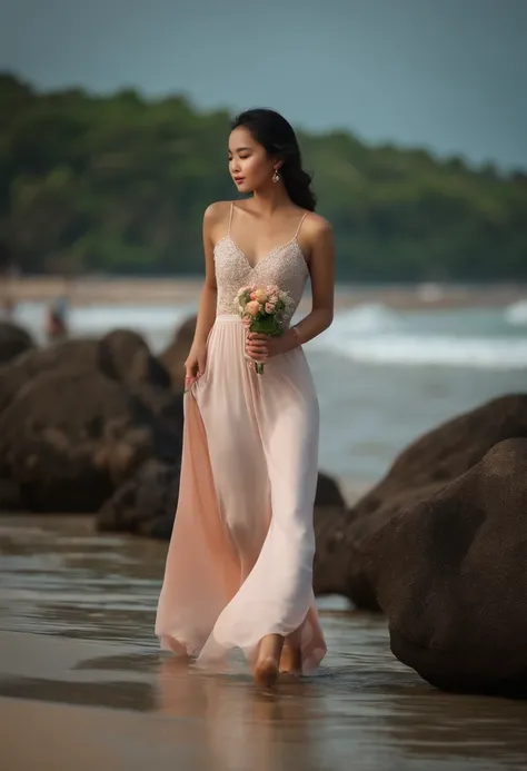 Beautiful Thai girl walking at the sea brightly