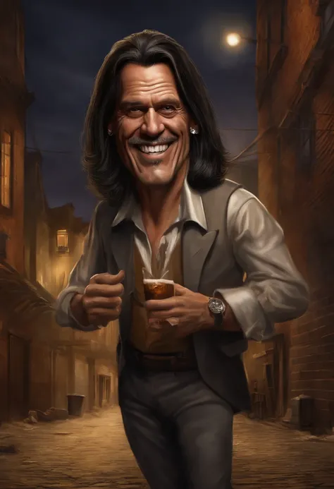 A long-haired metal music fan, Holding a brick in hand, In a dirty alley, There is a bar with a signature beer by the alley, In front of the bar is a trash can full of garbage, A middle-aged man in a suit with scarce hair looked terrified, exaggerated faci...