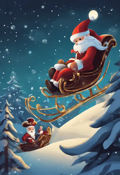 Cartoon game style pirates dressed as Santa Claus fly in the sky on a sleigh，Look up at the perspective，The composition is impactful，There is foreground occlusion，The background is Christmas night，There are some Christmas trees，Cute flat game in style，The ...