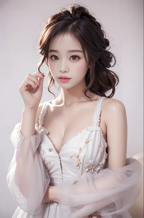 best qualtiy， tmasterpiece， 超高分辨率， realisticlying， 1girll， bshoulders， ssmile， Oversized_Sweater， gentlesoftlighting， Delicate skin， brown  hair，(Beautiful breasts)，