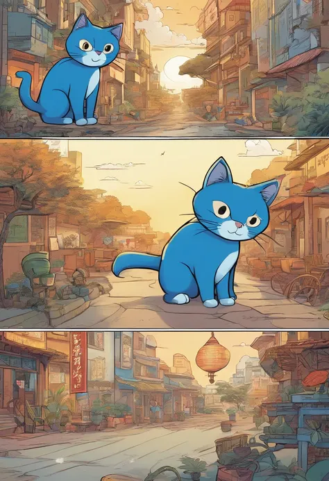 Chinese comics, The comic story is presented in multiple irregular colored panels. The blue cat went through hardships when running away from home，Then reunite with the host. The style is exaggerated and meticulous