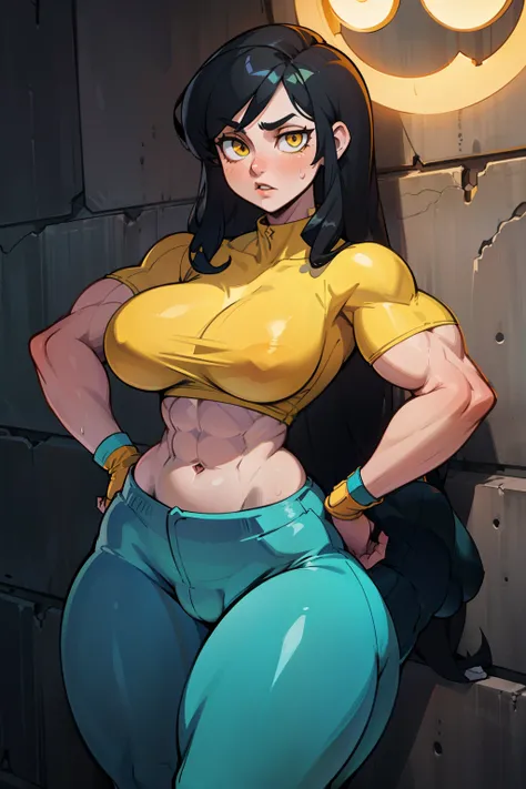 1girl muscular thick thighs perky breasts black hair yellow eyes solo sweaty concrete wall very long hair curvy wide hips pale skin abs tight shirt tight pants