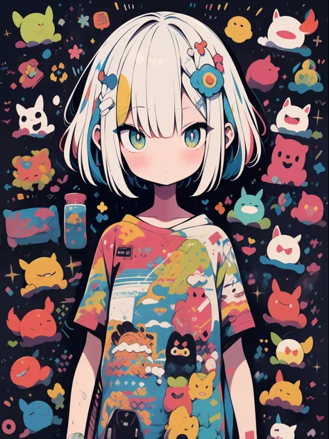 alta qualidade、Paleta de cores neon、High-level image quality、kawaii menina、Unprecedented number of draws、estilo anime、Geometric pattern background、estilo de adesivo、short hair、Cabelos escuros、olhos castanhos, messy hair, Menhera, Ataduras, roupas largas, c...