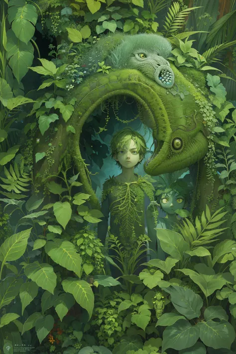 (Masterpiece, Best Quality, Highres:1.4), Detailed, Intricate Details, 4K,
color splashes, line art, art, fibonacci, green plants background, upper body, only 1 little boy, god of plants, creepy atmosphere, locking up, mysterious,angly