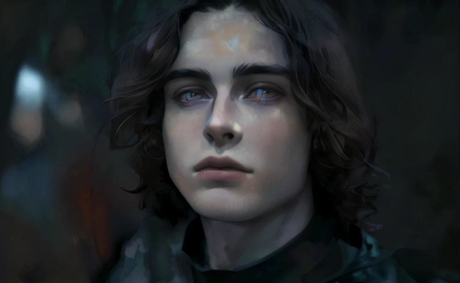 fantasy, medieval dark forest, Young Man, dark colored hair, amber eyes, light skin, graceful facial features, silk shirt, Jewelry around the neck with gems, Looks a bit like Timothée Chalamet, magic, Summon shadow, shadow mage