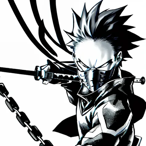 man,chains,black clothing,gas mask,badass,cool,muscular,ninja,hoodie,shinkawa youji,monochrome,greyscale,male focus,simple background,intimidating,dark skinned male,sword,holding sword,((masterpiece)),horikoshi kouhei