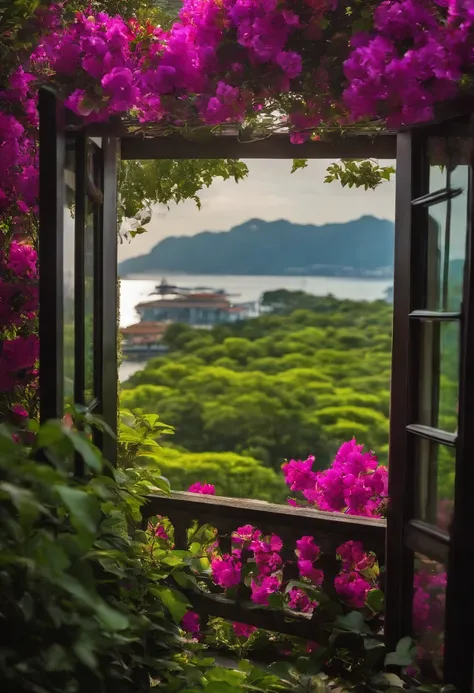 masuter piece、12K、Morning in Singapore、Luz Divina、Beautiful scenery from the window、Impression of a dream、Clear blue sky、Dark green grove、Bougainvillea bright purple、green grass々and the coast、Rembrandt