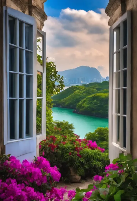 masuter piece、12K、Morning in Singapore、Luz Divina、Beautiful scenery from the window、Impression of a dream、Clear blue sky、Dark green grove、Bougainvillea bright purple、green grass々and the coast、Rembrandt