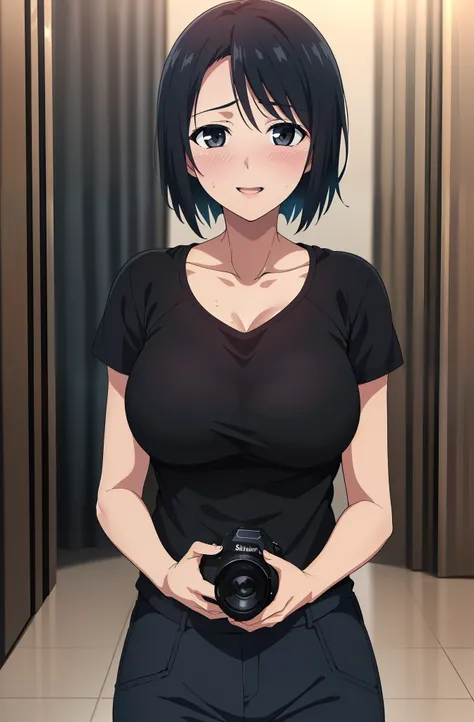 1girl, solo, looking at viewer, blush, happy, blushful, short hair, large breasts, shirt, black hair, collarbone, blue pants, standing, sweatdrop, black eyes, black shirt, opened mouth, curvy, sexy, official art, extremely detailed CG unity 8k wallpaper, C...