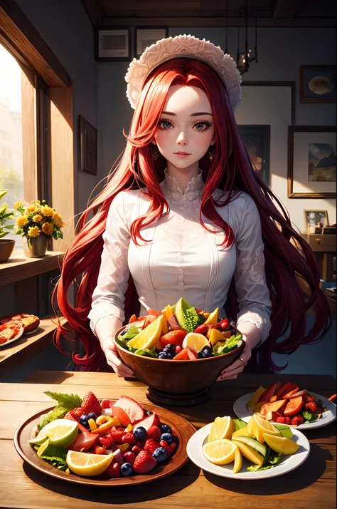 An woman with long red hair, fruit salad, wine bottles, hyper realistic detailed, masterpiece, information