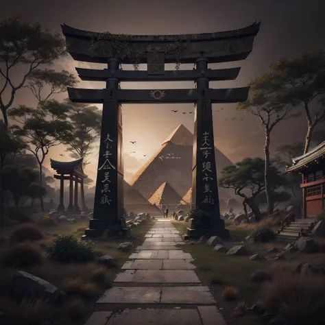 Create a dark path with japanese elements and put a old torii-gate at the beginning of it at the end in the background place the pyramids of giza